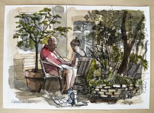 Schetsen in de binnentuin, aquarel
